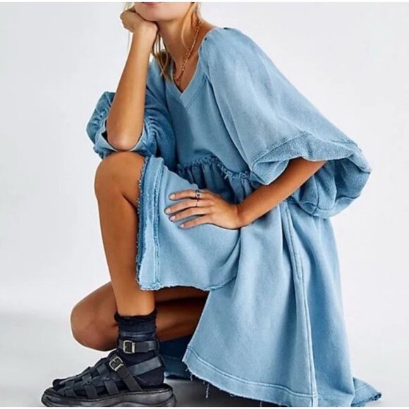 Free People Sunchild Sweatshirt Baby Doll Mini Dress Rainsong Blue Medium - Picture 2 of 12